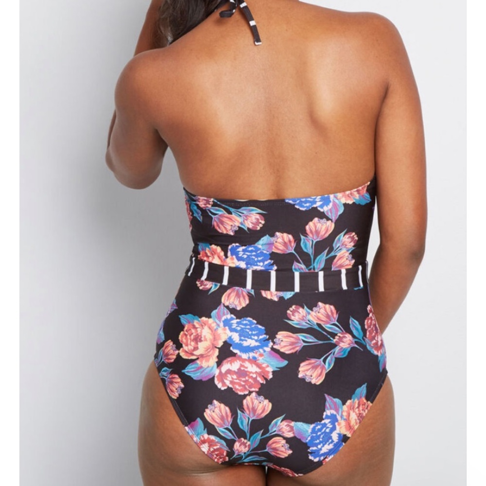 ModCloth Black Floral Stripped One-Piece Swimsuit - Picture 3 of 9